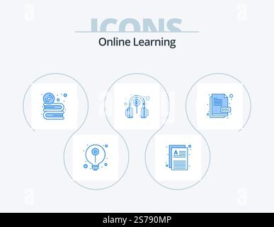 Online Learning Blue Icon Pack 5 Icon Design. online. learning. cd. electronics. software Stock Vector