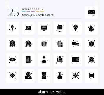 Startup And Develepment 25 Solid Glyph icon pack including award. map. hardware. location. file Stock Vector