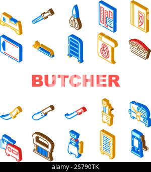 butcher meat food beef butchery icons set vector. restaurant vintage, pork retro, cut shop, knife steak, farm menu, cow label, kitchen butcher meat food beef butchery isometric sign illustrations. butcher meat food beef butchery icons set vector Stock Vector