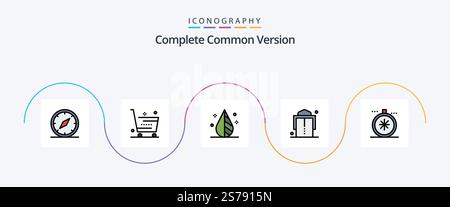 Complete Common Version Line Filled Flat 5 Icon Pack Including compass. fashion. shop. belt. invert Stock Vector
