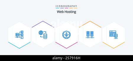 Web Hosting 25 Blue icon pack including network server. server. bug. data. security Stock Vector