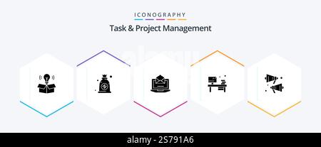 Task And Project Management 25 Glyph icon pack including book . table . money. mail Stock Vector