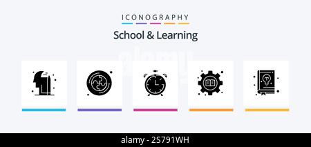 School And Learning Glyph 5 Icon Pack Including learning. education. education. book. setting. Creative Icons Design Stock Vector