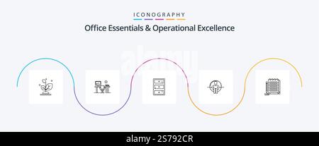 Office Essentials And Operational Exellence Line 5 Icon Pack Including identity. login. room. user. cupboard Stock Vector