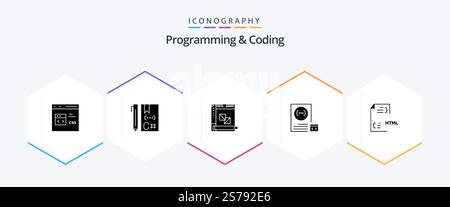Programming And Coding 25 Glyph icon pack including develop. app. develop. planning. development Stock Vector