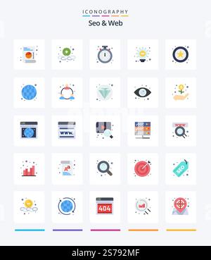 Creative Seo & Web 25 Flat icon pack  Such As globe. star. clock. online. light Stock Vector