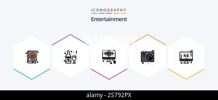 Entertainment 25 FilledLine icon pack including music. disc. glass. internet. online Stock Vector