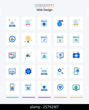 Creative Web Design 25 Flat icon pack  Such As document. html. page. page. internet Stock Vector