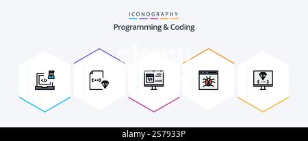 Programming And Coding 25 FilledLine icon pack including bug. app. document. development. coding Stock Vector