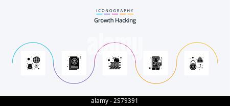 Hacking Glyph 5 Icon Pack Including mobile. encryption. insect. binary code. security Stock Vector