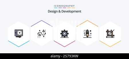 Design and Development 25 FilledLine icon pack including design. brush. development. programing. development Stock Vector