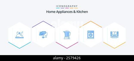 Home Appliances And Kitchen 25 Blue icon pack including computing. robbot. blender. washing. laundry Stock Vector