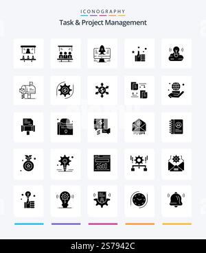 Creative Task And Project Management 25 Glyph Solid Black icon pack  Such As hand.. search. startup. computer Stock Vector