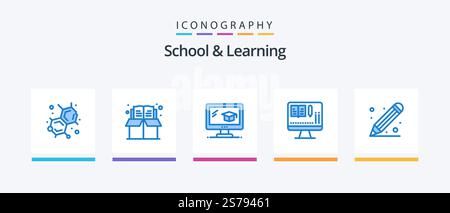 School And Learning Blue 5 Icon Pack Including . school. cap. ruler. education. Creative Icons Design Stock Vector