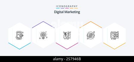 Digital Marketing 25 Line icon pack including marketing. digital. digital. money. view Stock Vector