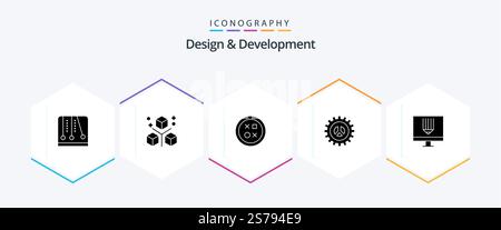 Design and Development 25 Glyph icon pack including web design. seo. programing. options. round Stock Vector
