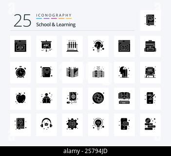 School And Learning 25 Solid Glyph icon pack including e-learning. book. test. bulb. line Stock Vector