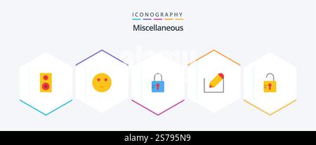 Miscellaneous 25 Flat icon pack including . study. locked. unlock. text Stock Vector