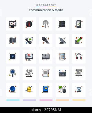 Creative Communication And Media 25 Line FIlled icon pack  Such As social. media. network. internet. server Stock Vector