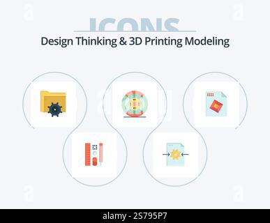 Design Thinking And D Printing Modeling Flat Icon Pack 5 Icon Design. processingd. print. folder. printing. film Stock Vector