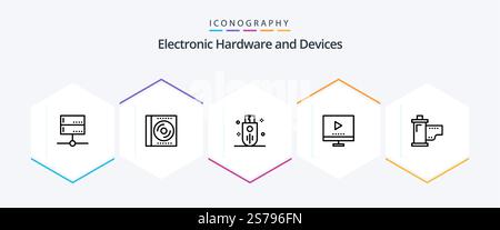 Devices 25 Line icon pack including technology. devices. digital. storage. outline Stock Vector