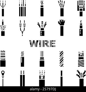 wire cable cord icons set vector. electrical technology, electric connection, network energy, power copper, black wire cable cord glyph pictogram Illustrations. wire cable cord icons set vector Stock Vector