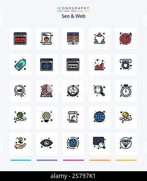 Creative Seo & Web 25 Line FIlled icon pack  Such As target. search. network server. marketing. user Stock Vector
