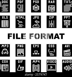 file format document icons set vector. presentation web, pdf label, png video, type jpg, computer doc, html file format document glyph pictogram Illustrations. file format document icons set vector Stock Vector