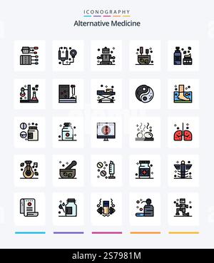 Creative Alternative Medicine 25 Line FIlled icon pack  Such As foam. sticks. tools. relax. burning Stock Vector