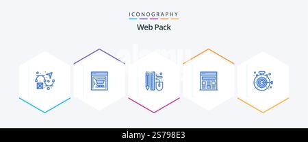 Web Pack 25 Blue icon pack including goal. target. pen. stopwatch. web Stock Vector