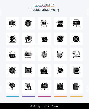 Creative Traditional Marketing 25 Glyph Solid Black icon pack  Such As advertisement. influencer. cycle. broadcasting. blogger Stock Vector