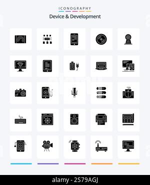 Creative Device And Development 25 Glyph Solid Black icon pack  Such As webcam. education. mobile. disk. cd Stock Vector