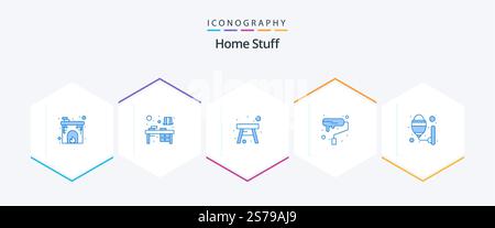 Home Stuff 25 Blue icon pack including light. chair. roller. decoration Stock Vector