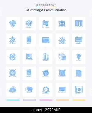 Creative 3d Printing And Communication 25 Blue icon pack  Such As sketch. design. network. printing. machine Stock Vector