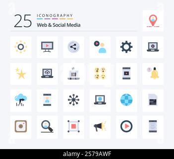 Web And Social Media 25 Flat Color icon pack including setting. cog. share. watch. play Stock Vector