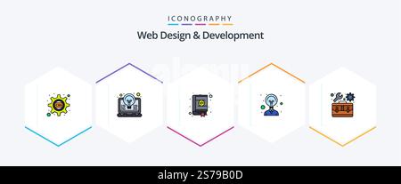 Web Design And Development 25 FilledLine icon pack including kit. idea. light. creativity. design Stock Vector