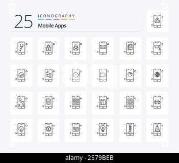Mobile Apps 25 Line icon pack including email. message. mobile. app. mobile Stock Vector