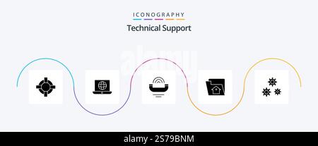 Technical Support Glyph 5 Icon Pack Including gears. service. help. setting. home Stock Vector