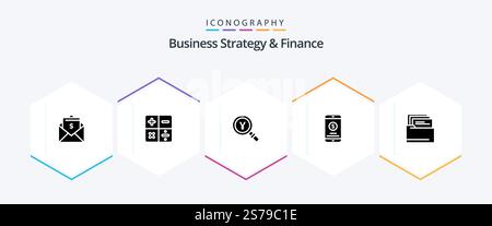 Business Strategy And Finance 25 Glyph icon pack including mobile money . math. find. japanese Stock Vector