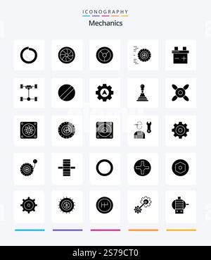 Creative Mechanics 25 Glyph Solid Black icon pack  Such As mechanics. car. mechanics. auto. battery Stock Vector
