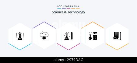 Science And Technology 25 Glyph icon pack including chemistry laboratory. chemical equipment. cloud server. science. knowledge Stock Vector