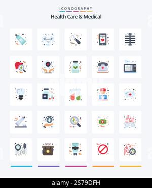 Creative Health Care And Medical 25 Flat icon pack  Such As phone. heart. wire. ecg. tools Stock Vector