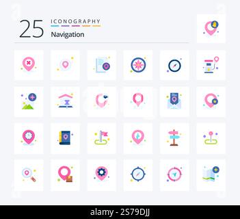 Navigation 25 Flat Color icon pack including navigation. compass. map. gps. pinpoint Stock Vector