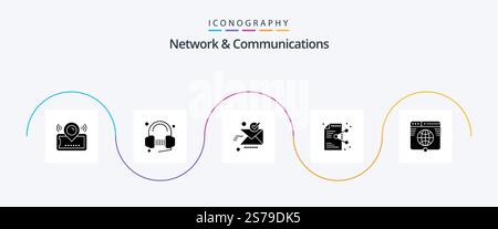 Network And Communications Glyph 5 Icon Pack Including document. share. music. good. sent Stock Vector
