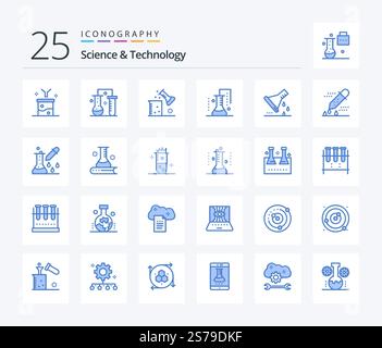 Science And Technology 25 Blue Color icon pack including microbiology. chemical test. science of matter. test tube. lab glassware Stock Vector