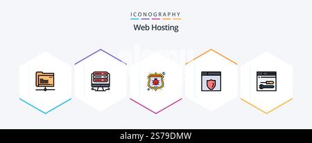 Web Hosting 25 FilledLine icon pack including tools. development. antivirus. shield. web server Stock Vector
