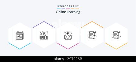 Online Learning 25 Line icon pack including file. documents. mail. literature. upload Stock Vector