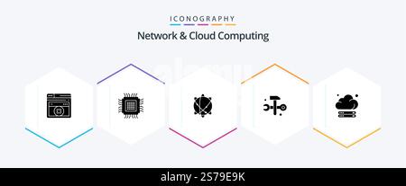 Network And Cloud Computing 25 Glyph icon pack including server. it solutions. computing. hammer. computing Stock Vector