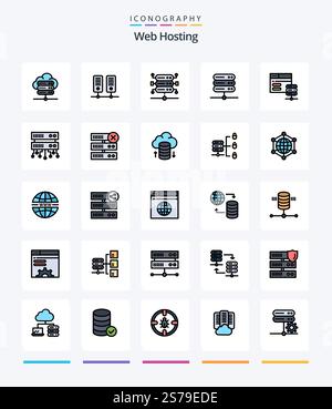 Creative Web Hosting 25 Line FIlled icon pack  Such As delete. shared web. server. shared server. web Stock Vector
