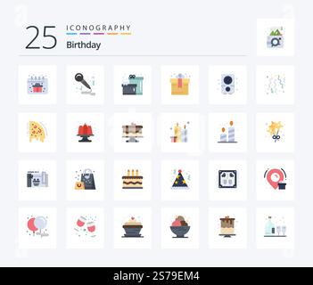 Birthday 25 Flat Color icon pack including party. celebrate. box. birthday. music Stock Vector